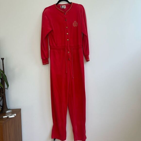 VINTAGE Red Velour Jumpsuit with Gold Trim and Embroidered Chest - Medium - Picture 1 of 11